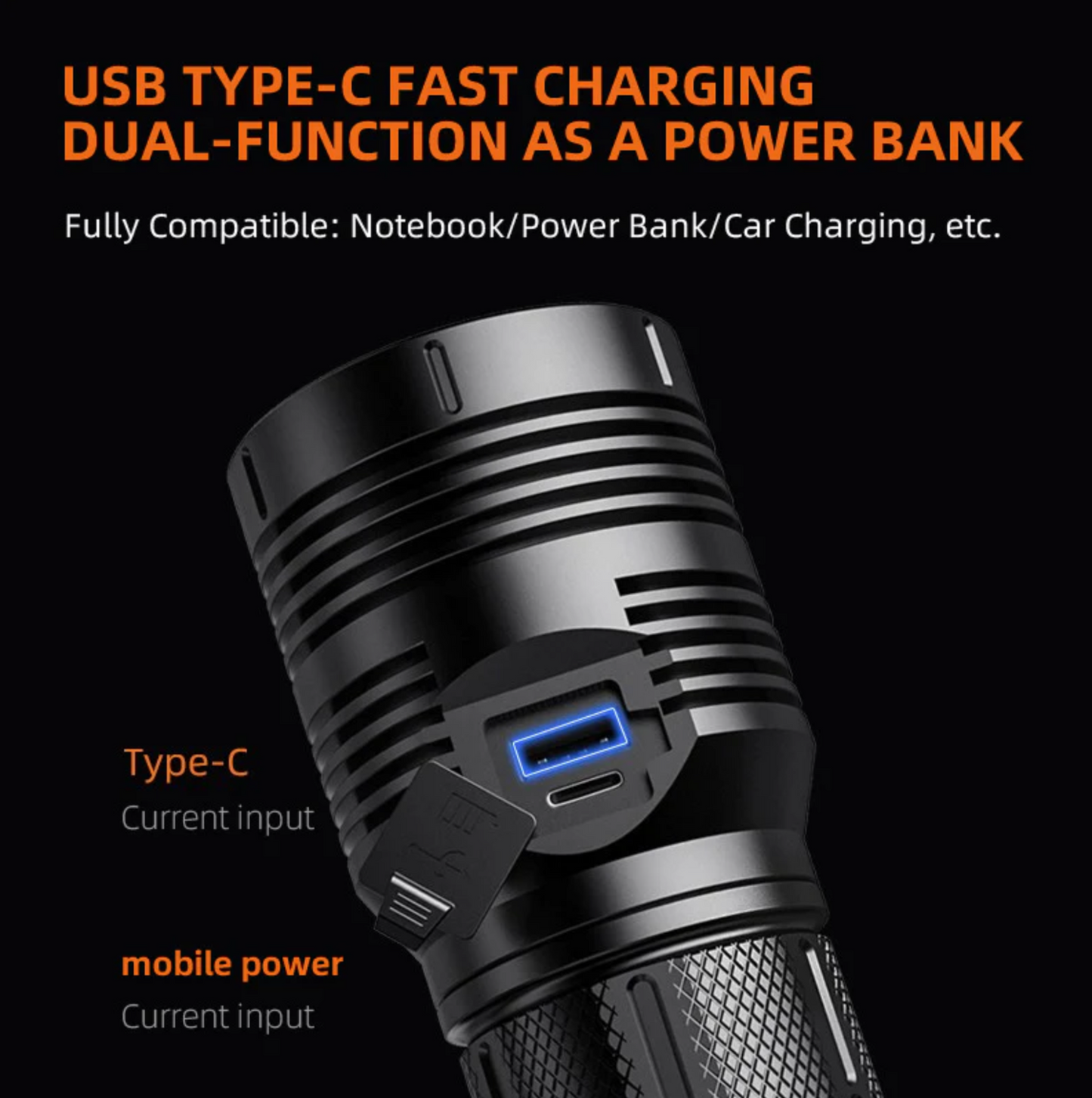 NEW for 2023 - SuperFire M5 36Watt USB-C Rechargeable Flashlight with LED Display and Cell Phone Charging