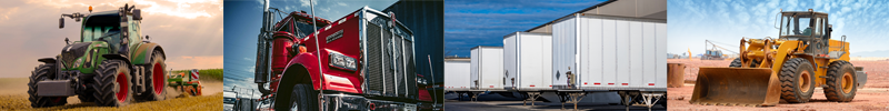 Image with farm tractor, semi truck cab, semi trailers and construction tractor