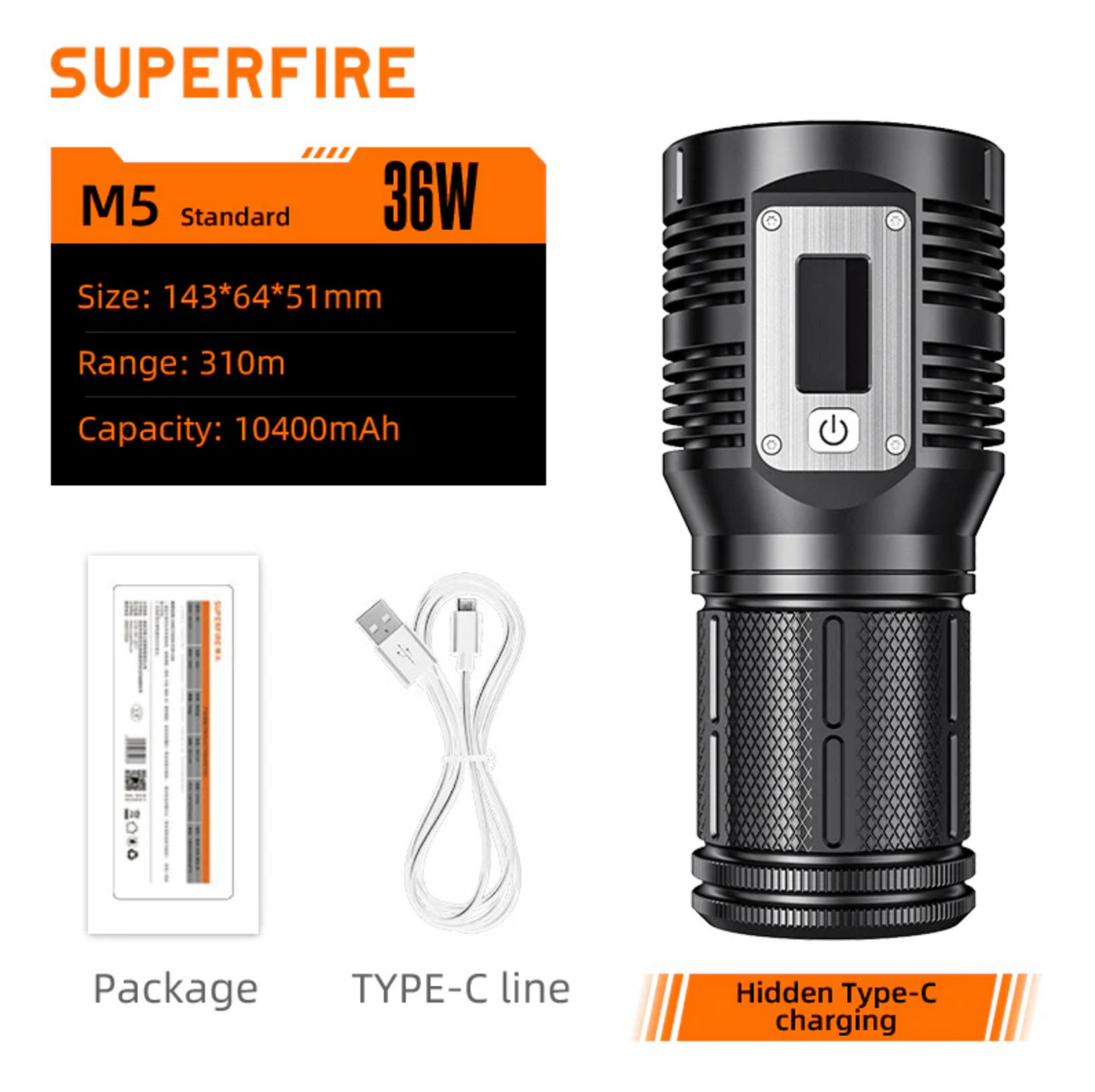NEW for 2023 - SuperFire M5 36Watt USB-C Rechargeable Flashlight with LED Display and Cell Phone Charging