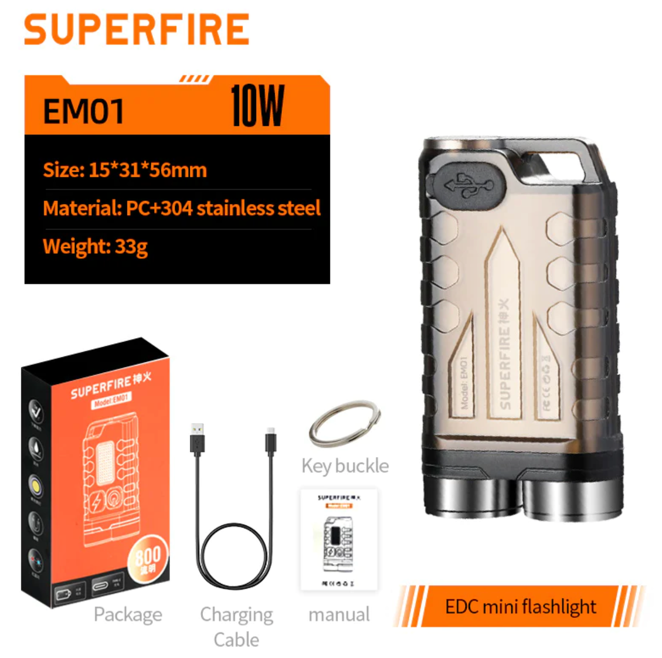 NEW for 2023 - SuperFire EM01 Mini LED Keychain Portable Flashlight USB-C rechargeable with Magnet UV/Red/Blue Light