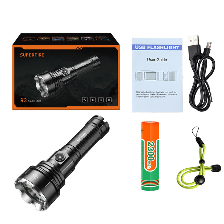 Superfire R3-P90 Rechargeable LED USB Flashlight with built-in Cell Phone Charger